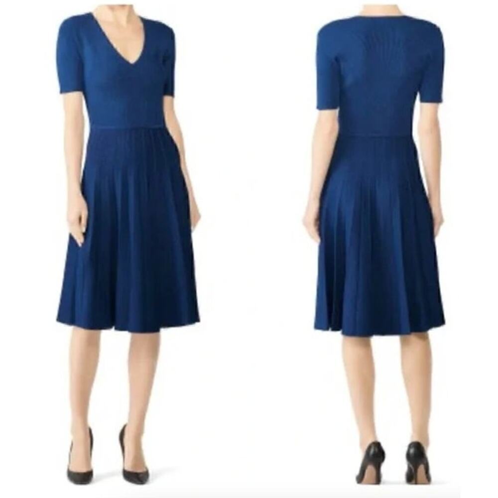 Jason Wu Collection Dress Ribbed Knit Short Sleeve Fit Flare Knee Length Navy S